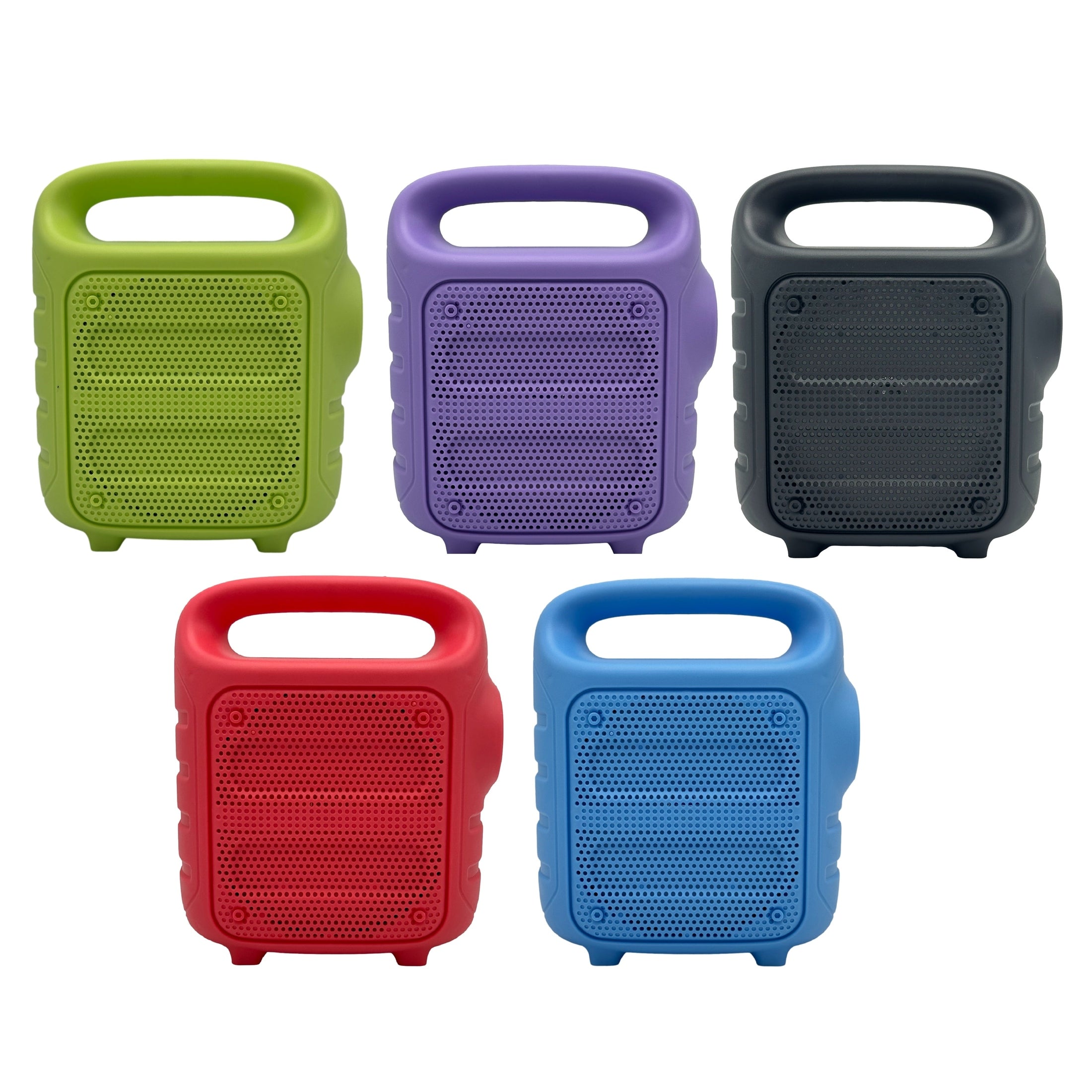 Five portable speakers in green, purple, black, red, and blue.